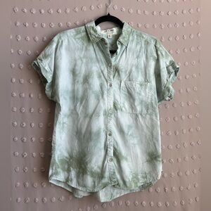 Anthropologie Cloth & Stone Tie Dye Short Sleeve Button‎ Down Sz S Green White